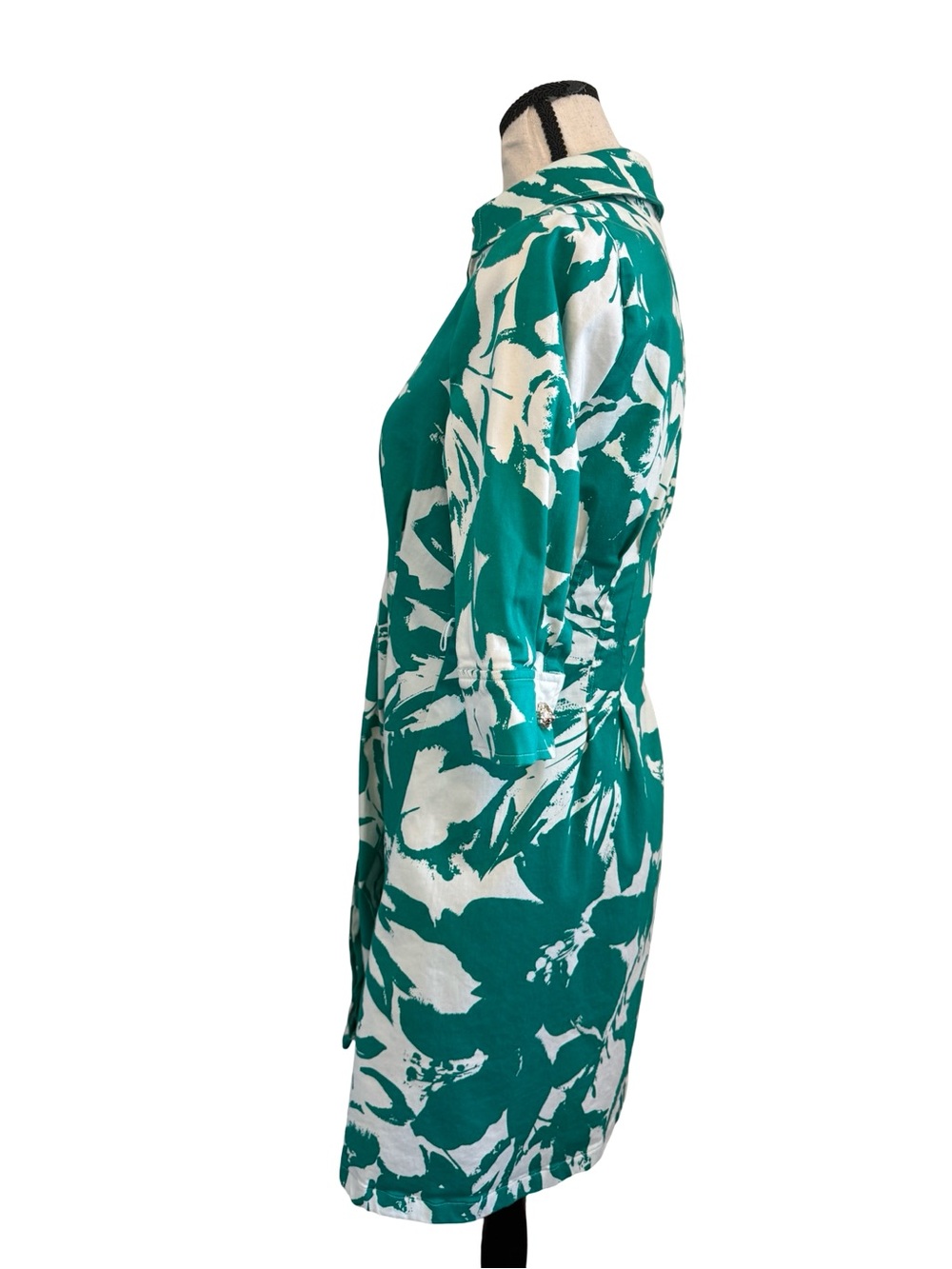 Anne Klein 4P Green White Floral Shirt Dress Petite Button Front Stretch Cotton - Picture 3 of 13